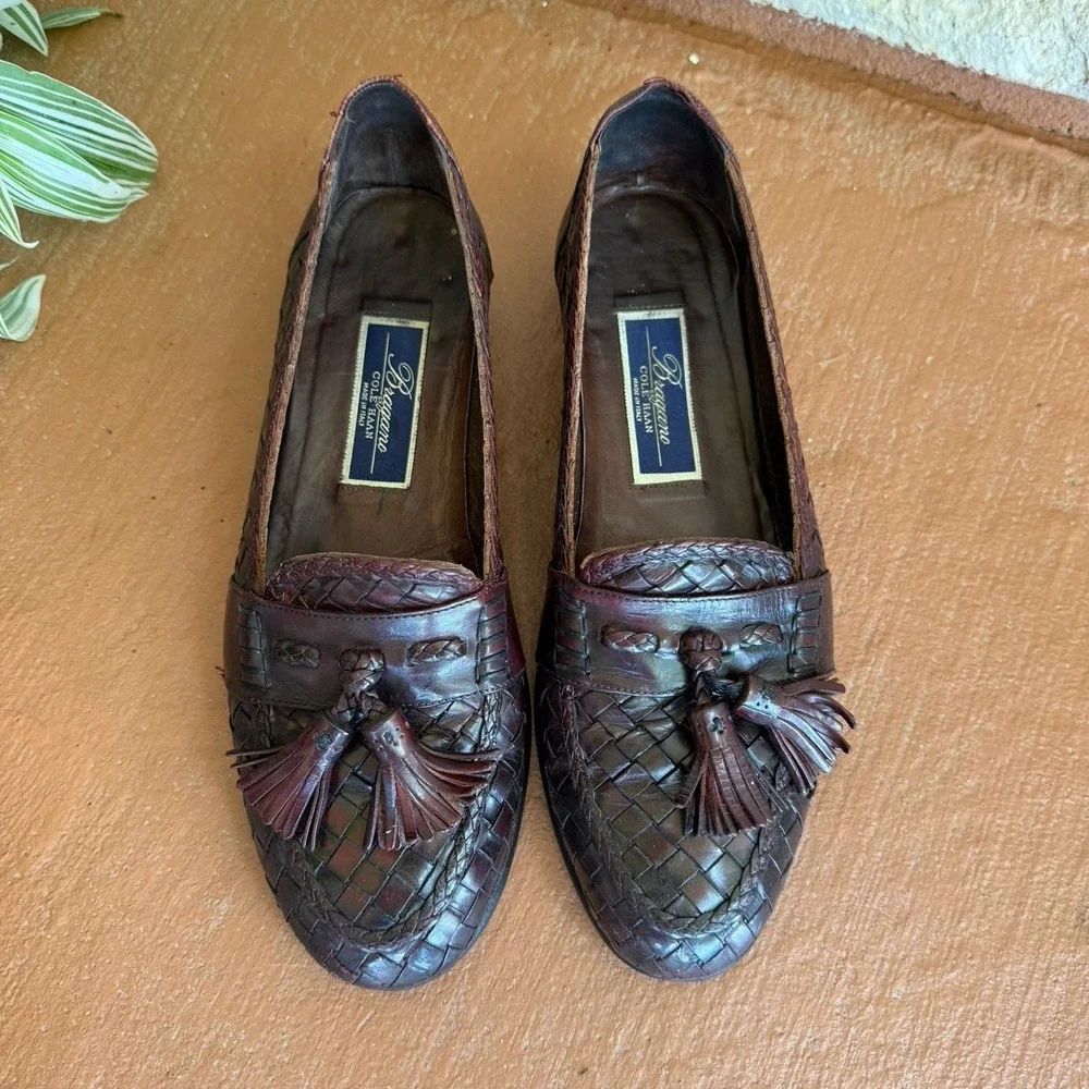Bragano‎ Cole Haan Men's Sz 8.5 N Brown Woven Leather Tassel Loafers Shoes Italy